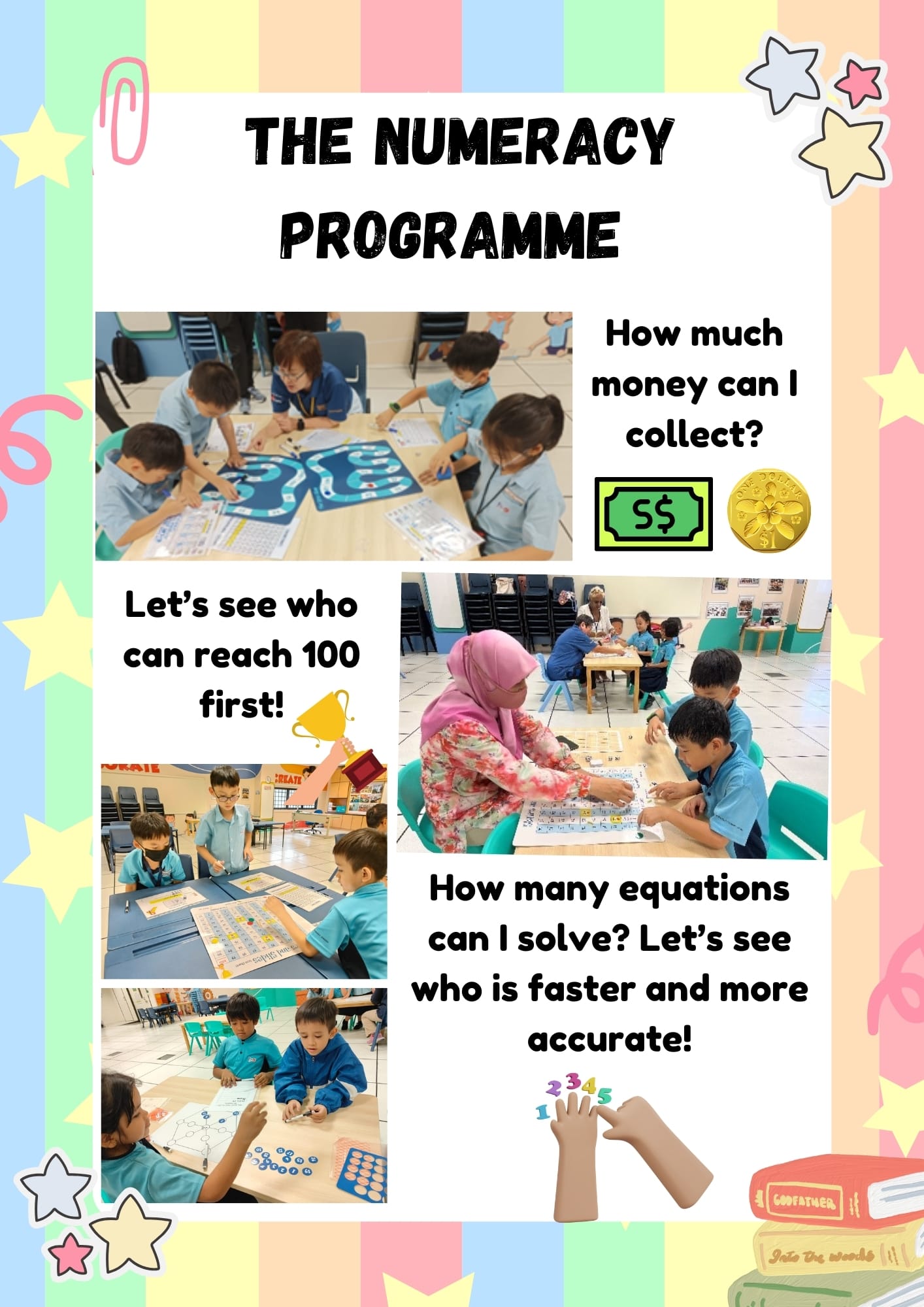 Colorful poster titled "The Numeracy Programme" showing young students in blue uniforms playing math board games with teachers.