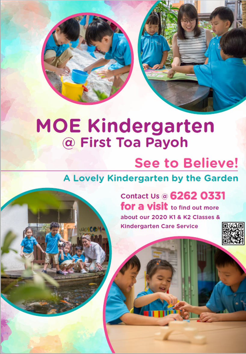 Flyer for MOE Kindergarten at First Toa Payoh showing children in blue uniforms learning and playing with teachers.