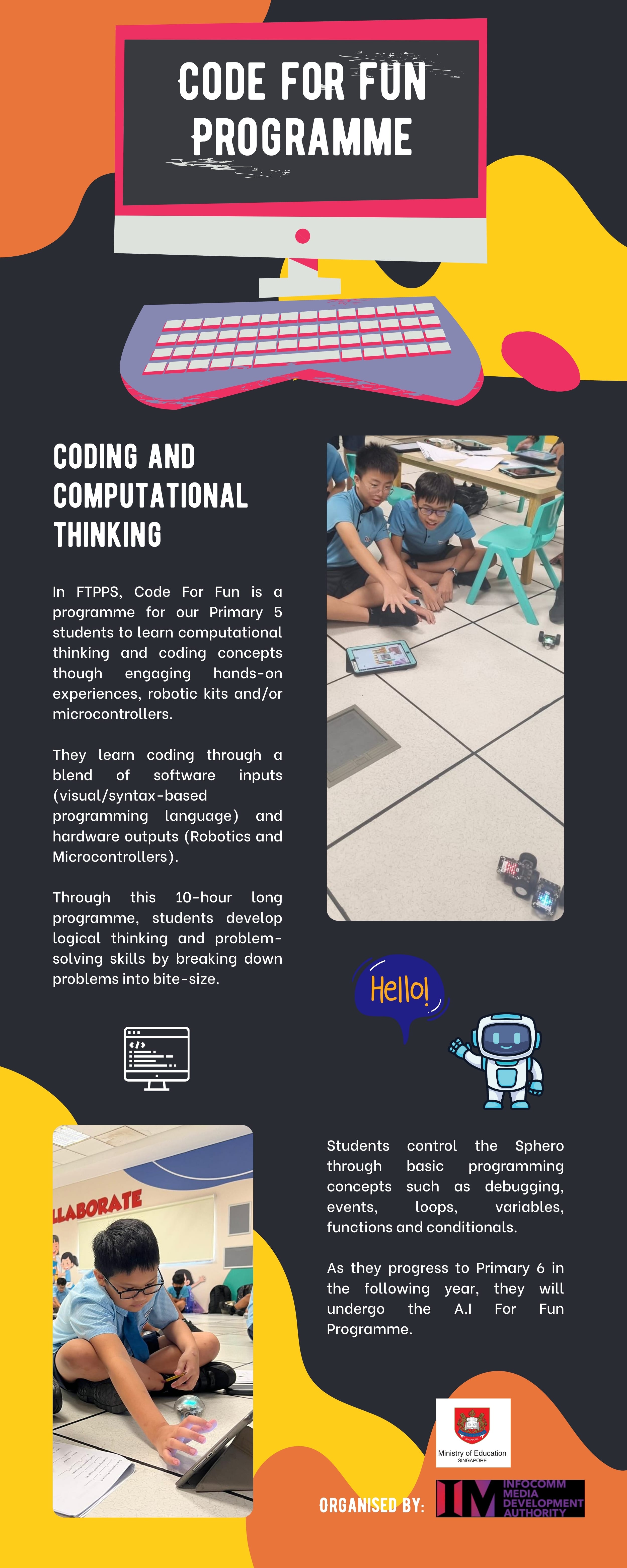 Flyer for Code For Fun Programme showing students using robotic kits and text about coding and computational thinking.