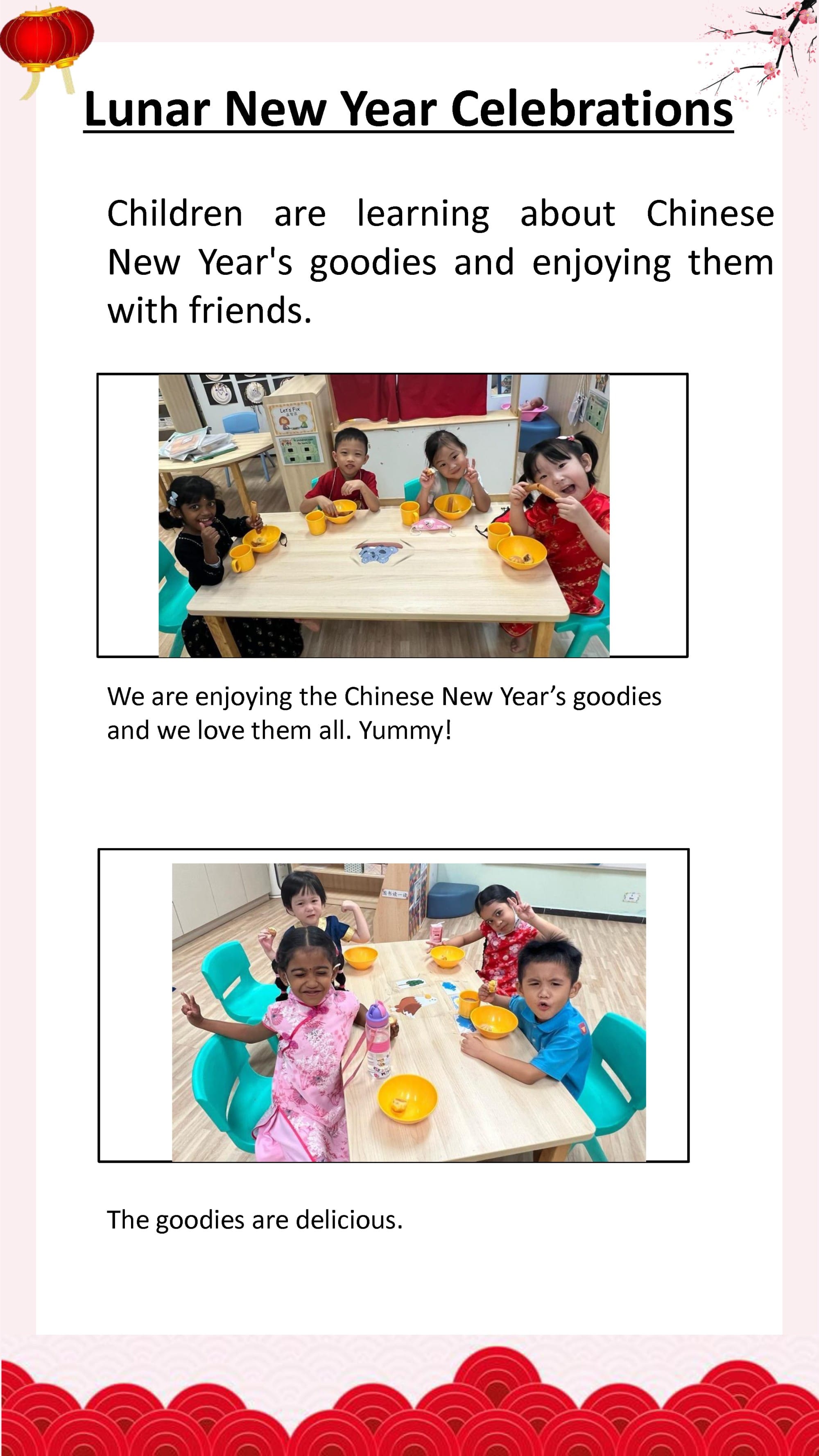Children enjoy Lunar New Year snacks together while learning about festive foods and traditions with classmates.