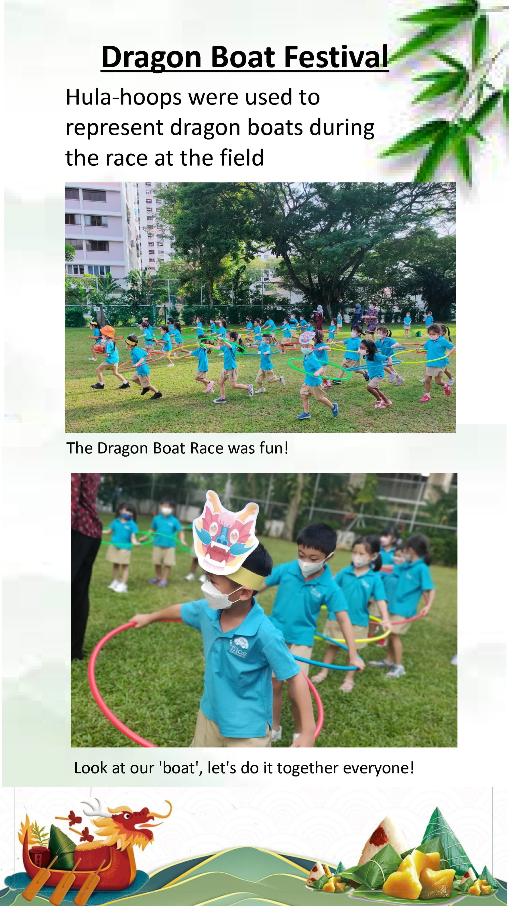 Children take part in a dragon boat race-themed outdoor game, using hula hoops as boats and working together in teams.