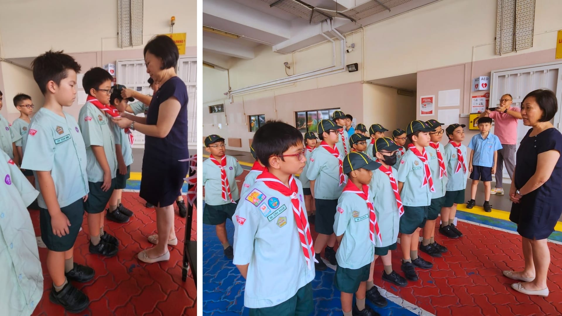 School scouts in uniform attend a scarf investiture ceremony and stand in formation while receiving instructions from Principal.