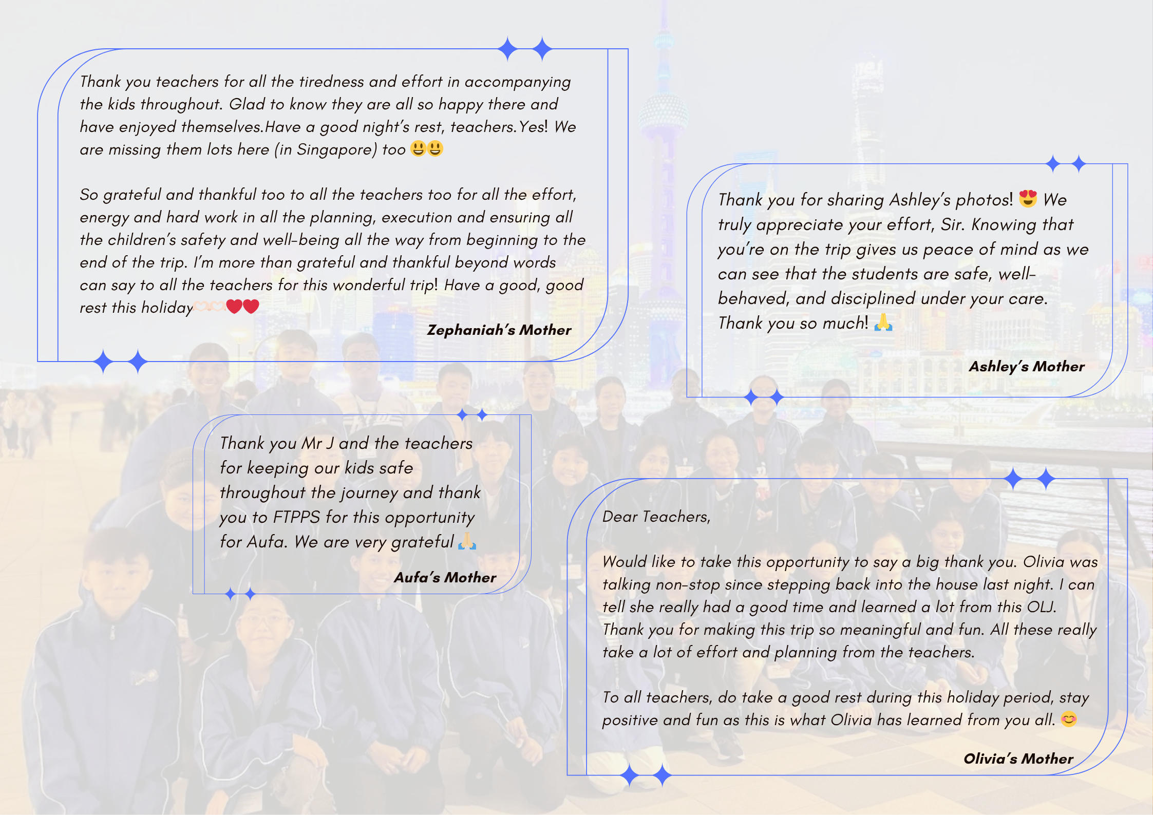 Four thank-you messages from parents praising teachers for a school trip, overlaid on a faded group photo.