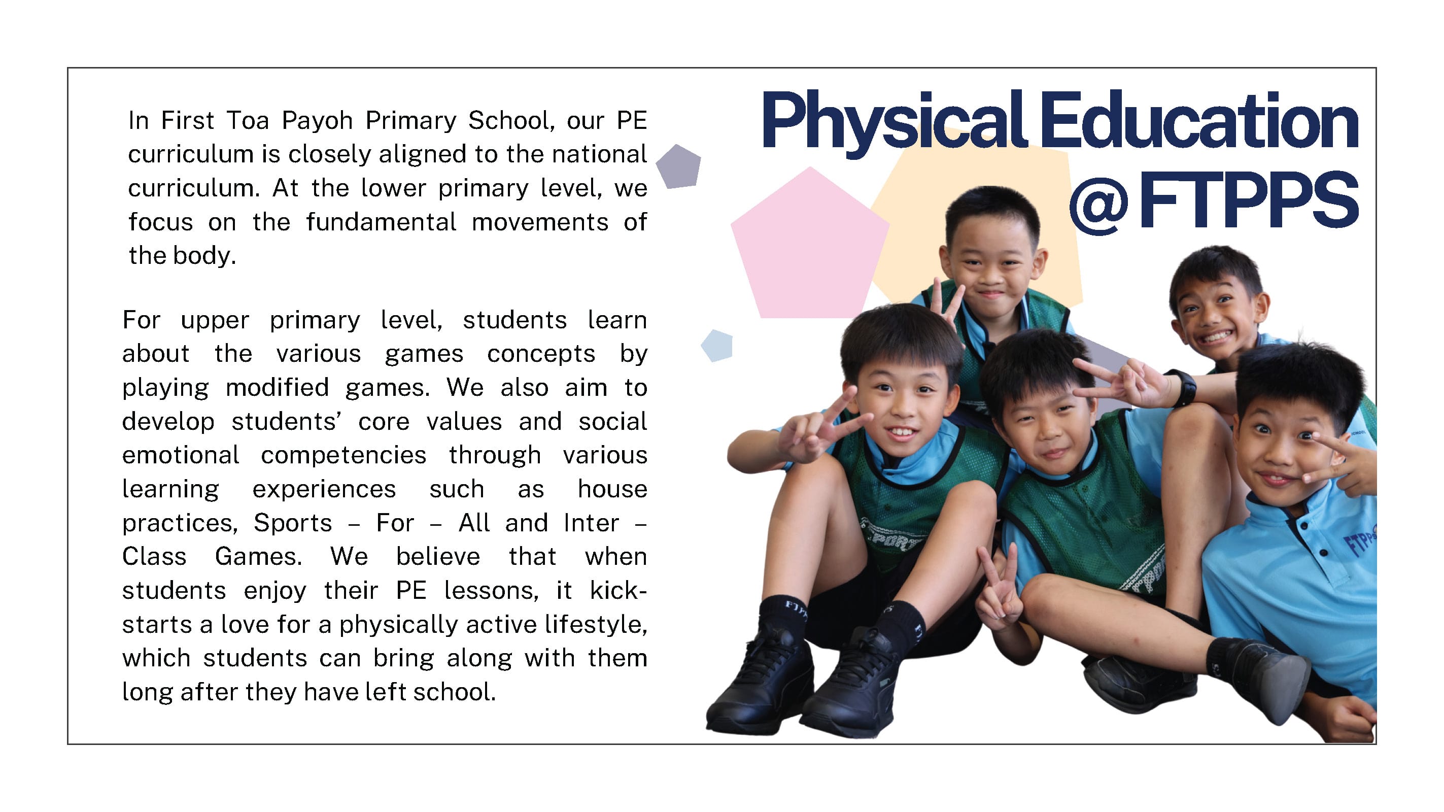 Five smiling boys in green sports vests pose together making peace signs, beside text about Physical Education at FTPPS.