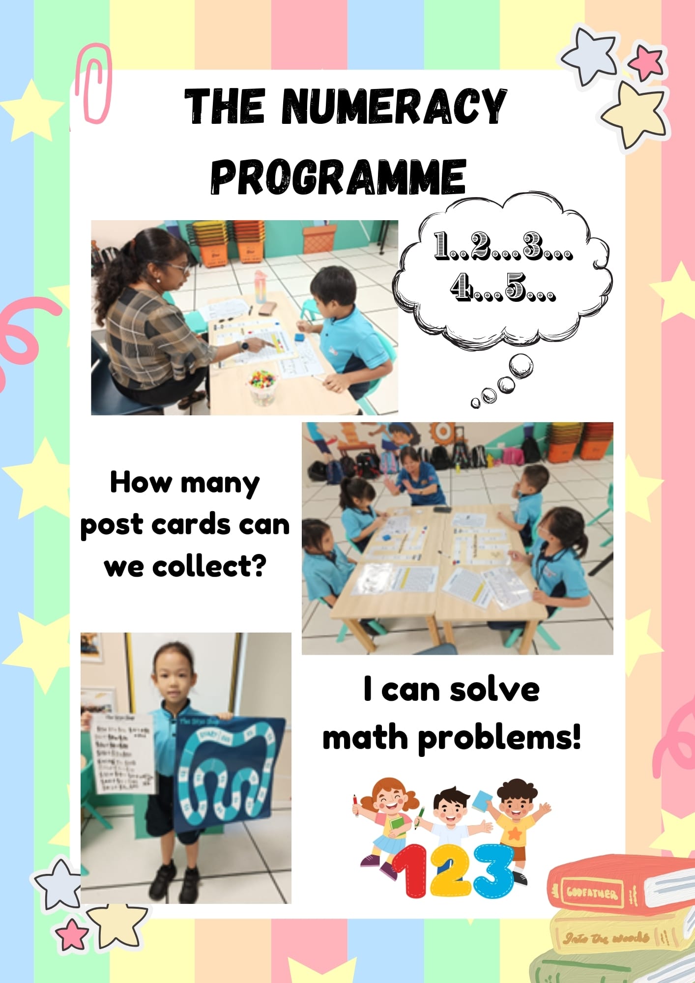 Colorful poster titled The Numeracy Programme showing young children in blue uniforms doing math activities with a teacher.