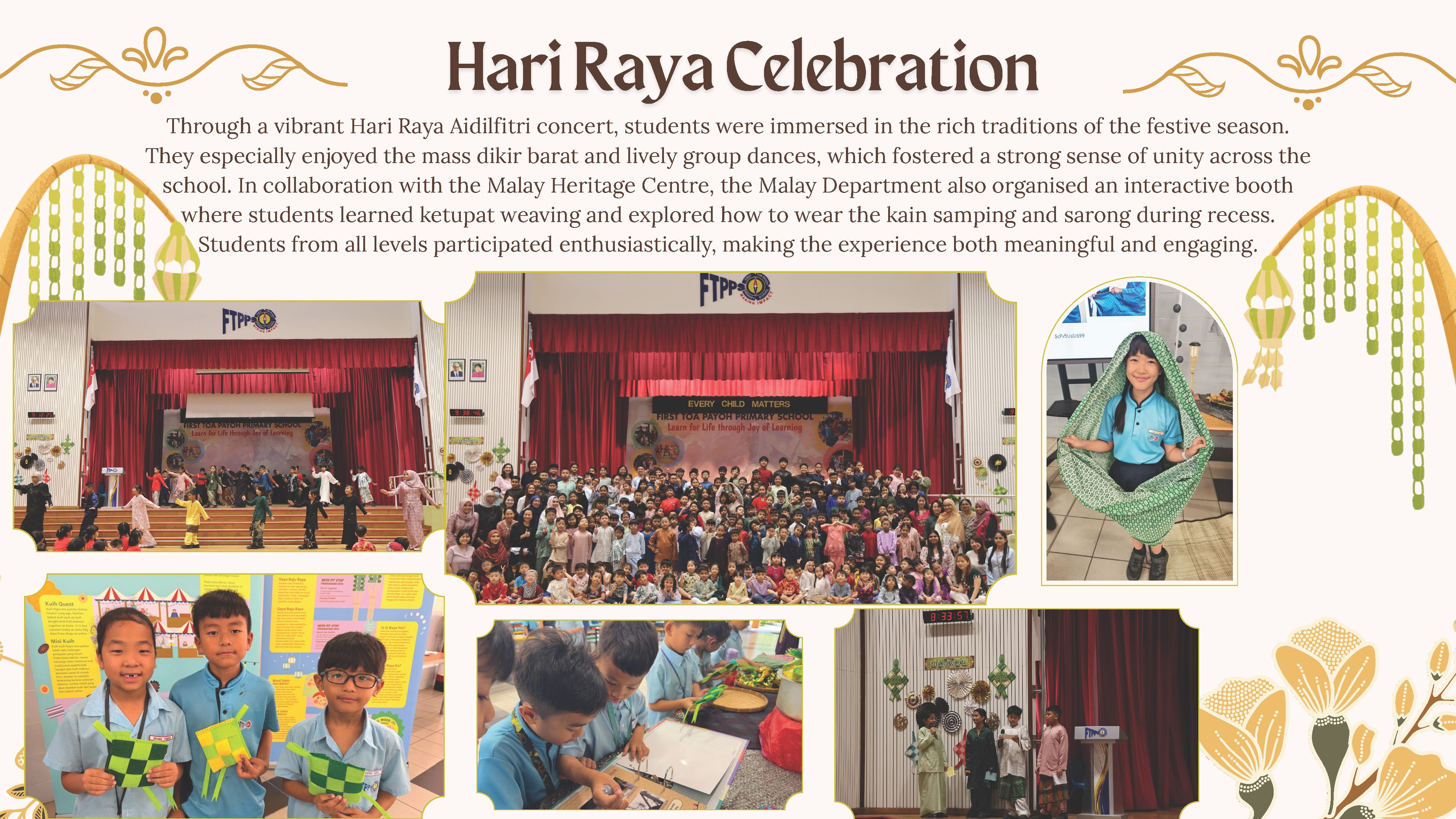 School Hari Raya Celebration flyer showing students dancing, group photos, ketupat weaving, and cultural activities.