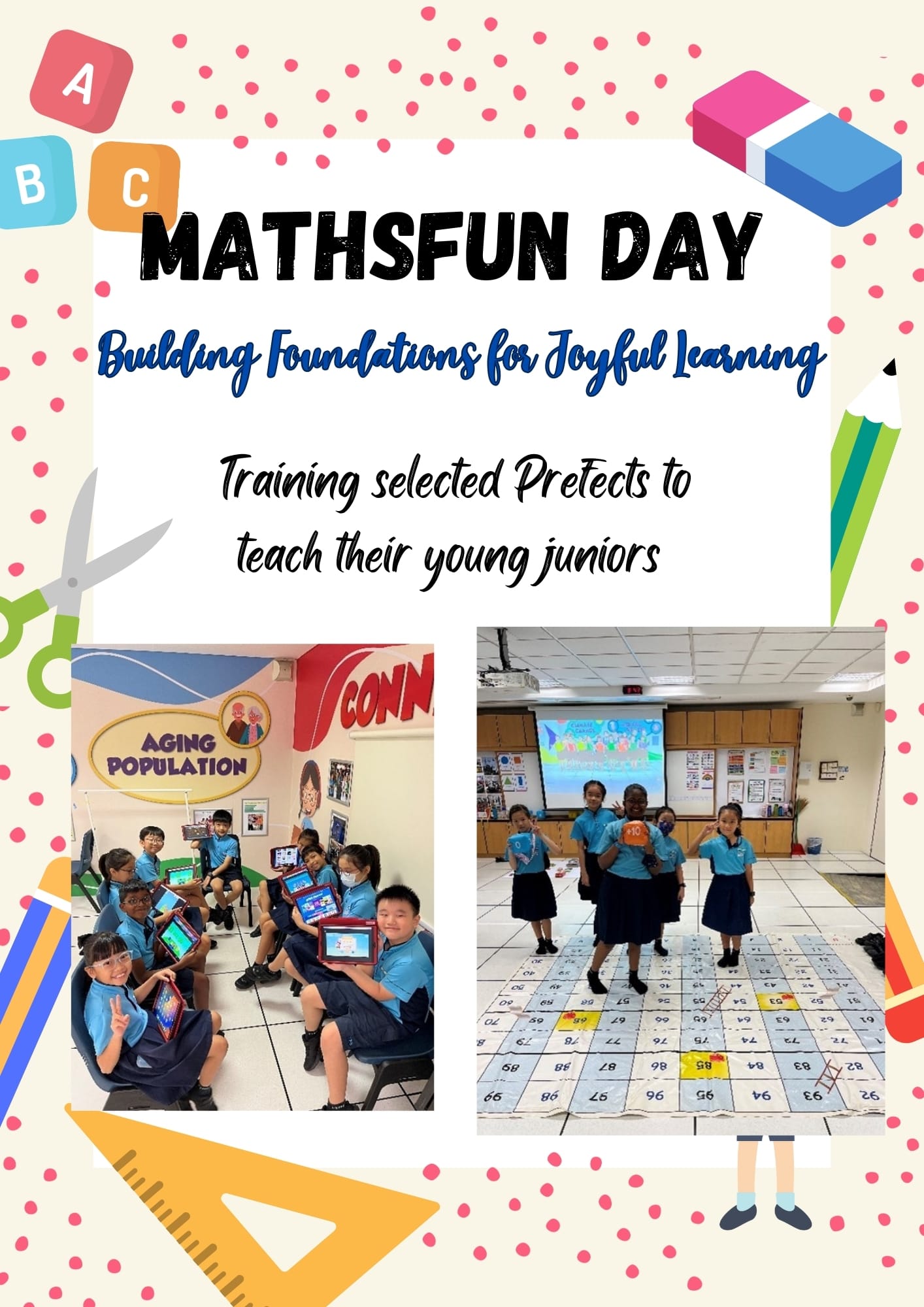MathsFun Day poster showing students using tablets and playing on a numbered floor mat in a classroom.