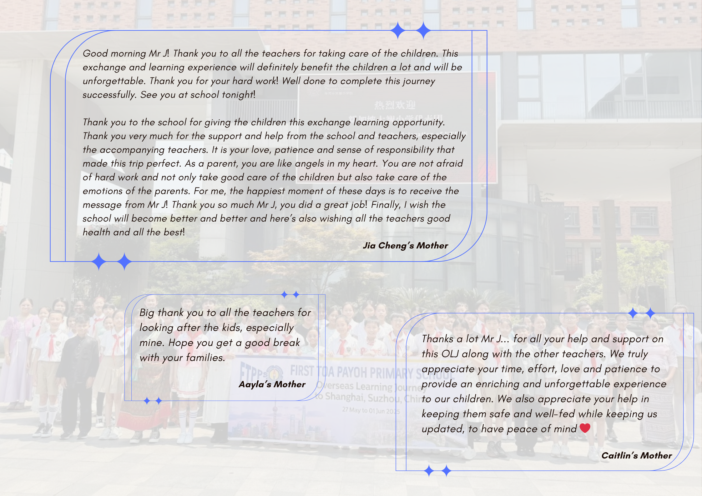 Three parent testimonials in blue-bordered boxes thank teachers for an overseas school learning journey to Shanghai.