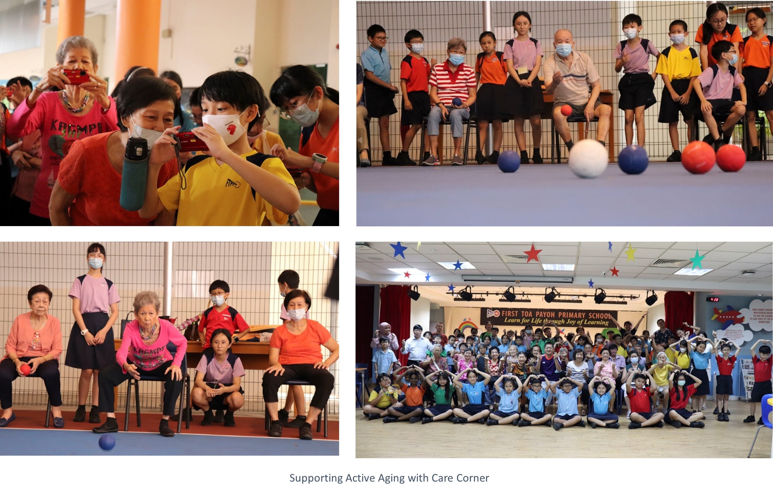 Four photos of elderly people and school children interacting at First Toa Payoh Primary School activities.
