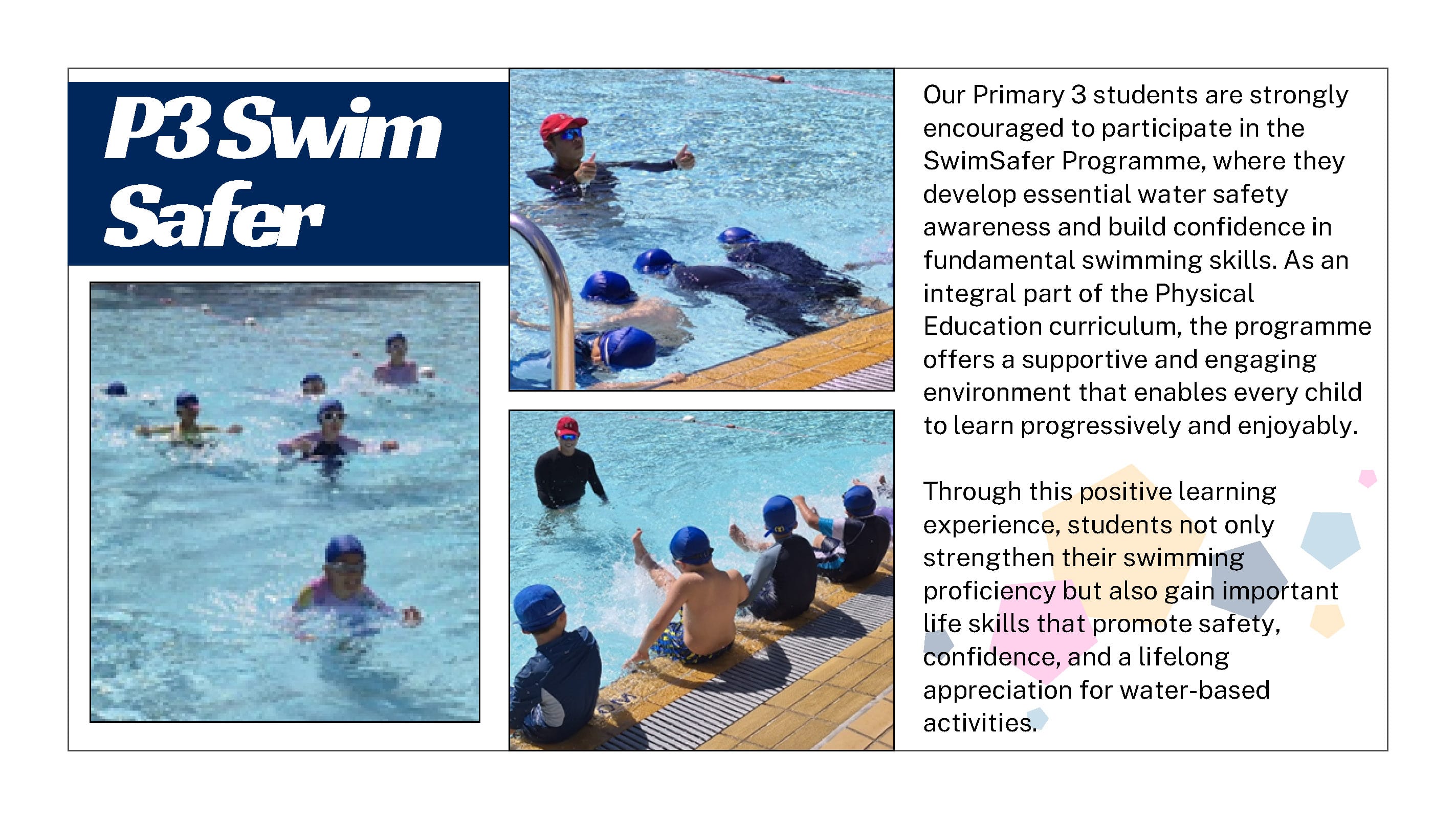 Flyer for P3 Swim Safer programme showing children in a pool with an instructor and text about SwimSafer.