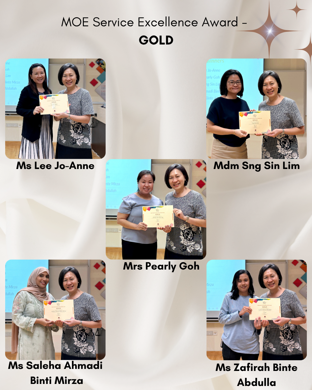 Staff members receive MOE Service Excellence Gold Awards for outstanding service and contributions to the school community.