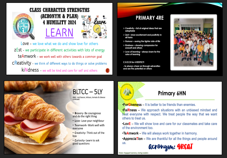 Four classroom slides showing character strengths acronyms LEARN, BLTCC, CHEER, and GREAT for different primary classes.