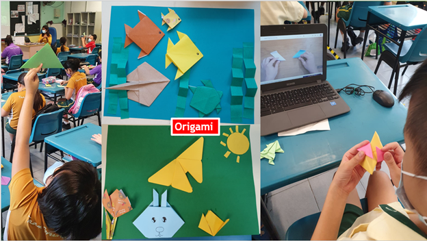 Students in a classroom making colorful origami paper shapes, with a laptop showing a tutorial and finished fish and animal designs displayed.