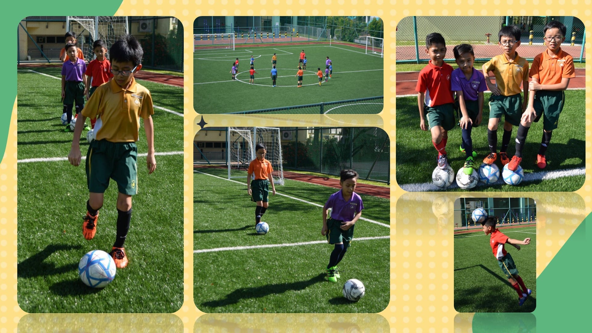 A collage of young boys in colorful uniforms playing and practicing soccer on an artificial turf field.