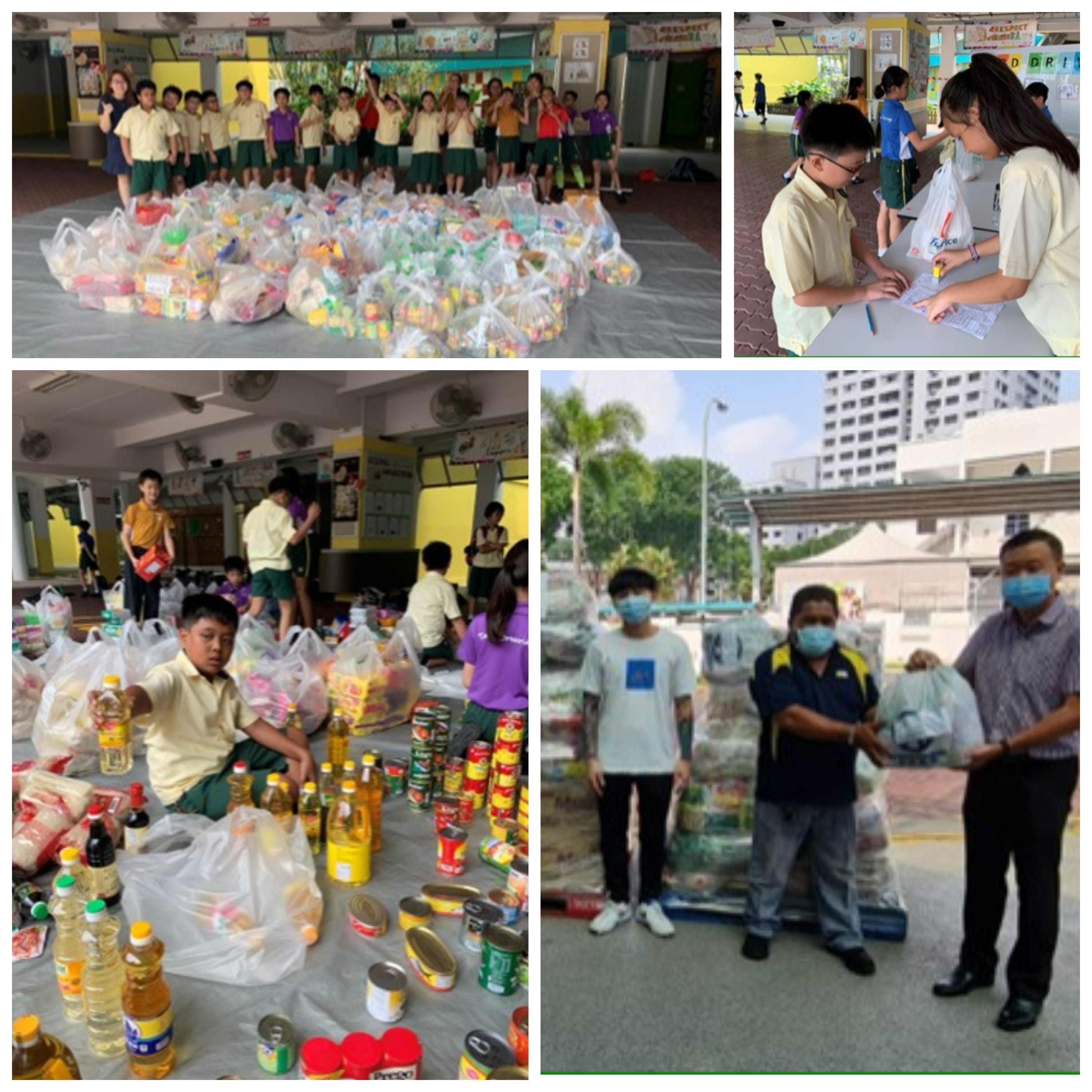 Students in school uniforms collect, sort, and donate bags of food items including canned goods and cooking oil.