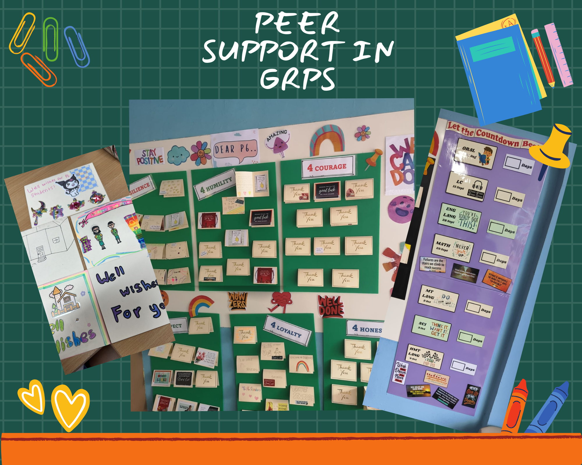 Colorful bulletin boards with thank-you notes and motivational labels reading Peer Support in GRPS on a teal background.