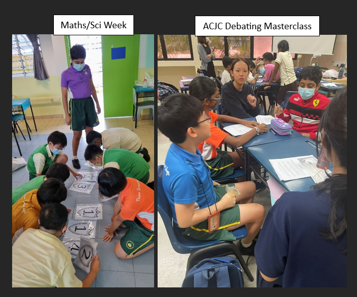 Two school event photos: students examining numbered papers on a floor during Maths/Sci Week, and students at desks in a Debating Masterclass.