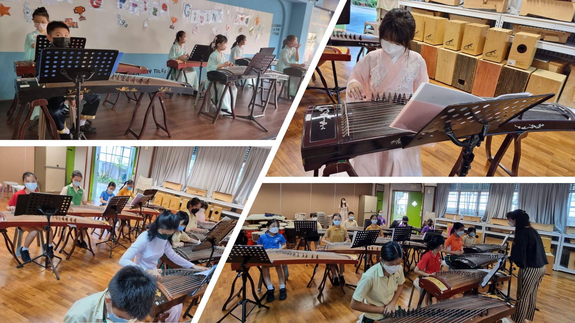 Children wearing masks play guzheng instruments on stands with sheet music in multiple classroom settings.