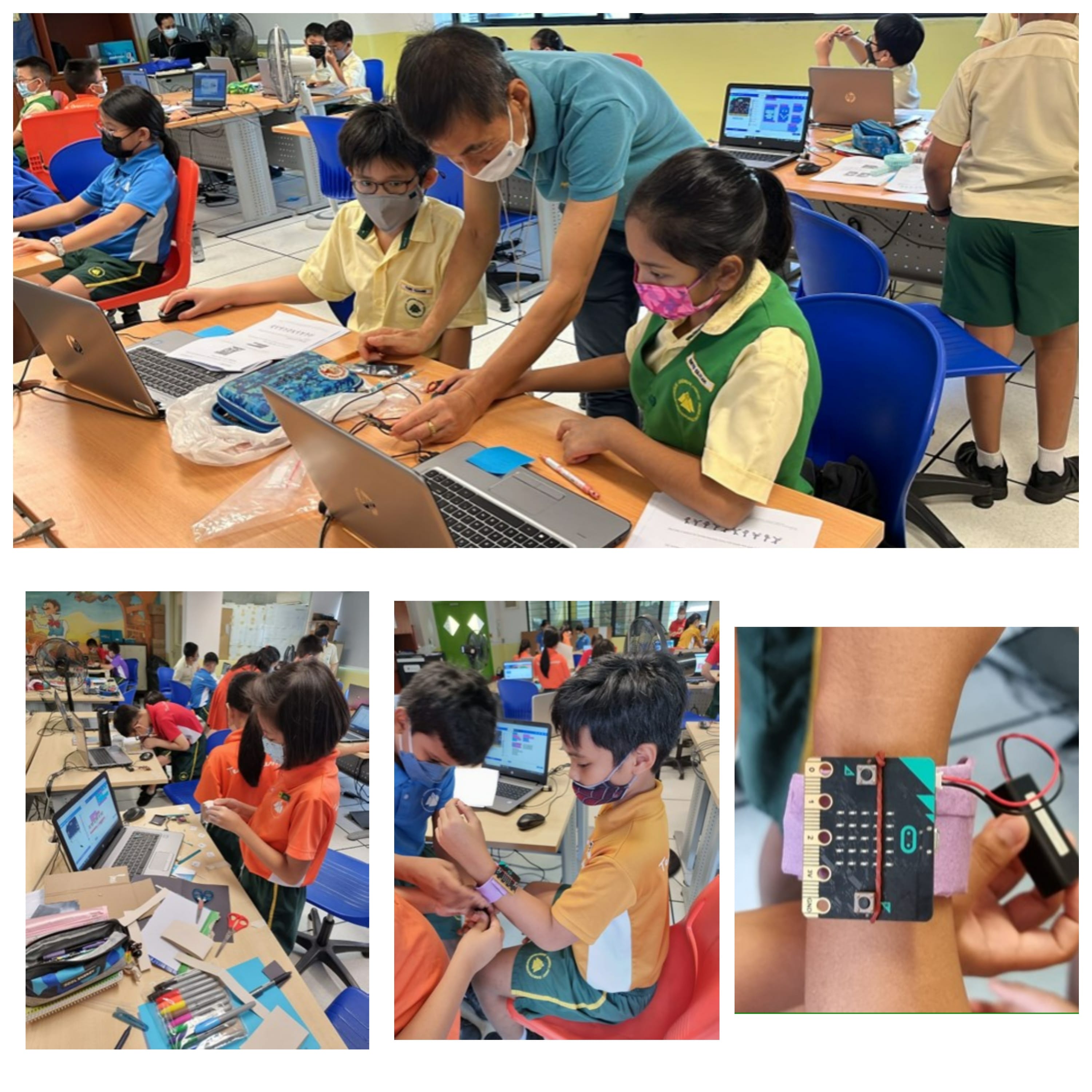 Students in a classroom work on micro:bit wristband projects with laptops, guided by a masked adult teacher.