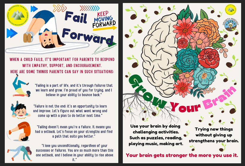Two educational posters: left shows "Fail Forward" tips for parents, right shows "Grow Your Brain" with a floral brain illustration.