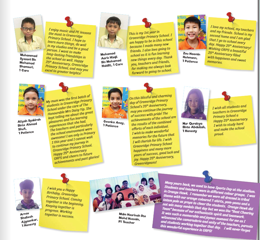 Collage of student and teacher photos with handwritten-style messages celebrating Greenridge Primary School's 25th Anniversary.