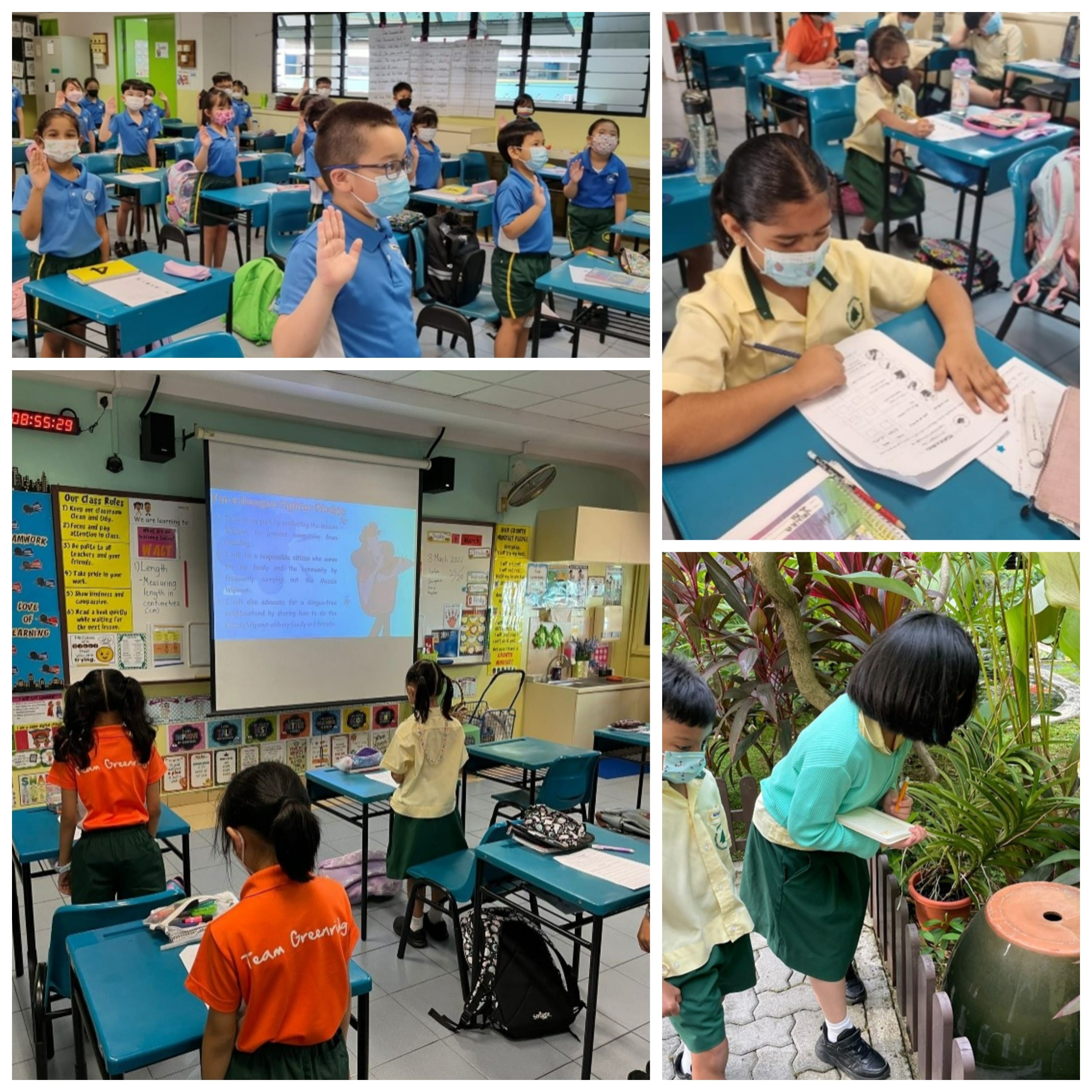 Four school scenes showing masked students in uniforms raising hands, writing, viewing a projected lesson, and studying outdoors.