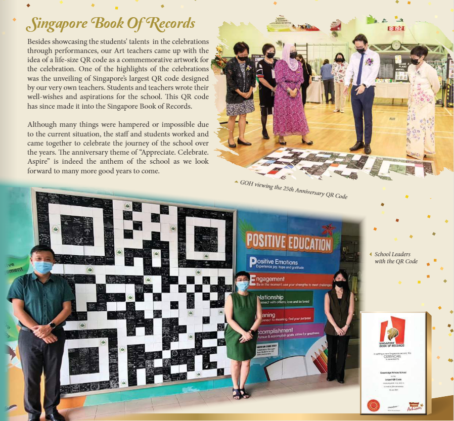 School leaders standing beside a large life-size QR code mural that earned a Singapore Book of Records certificate.