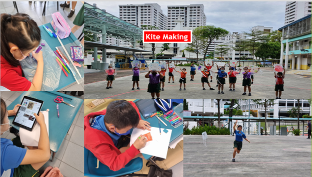 Students in school uniforms doing a kite making activity, crafting at desks and holding kites outdoors.