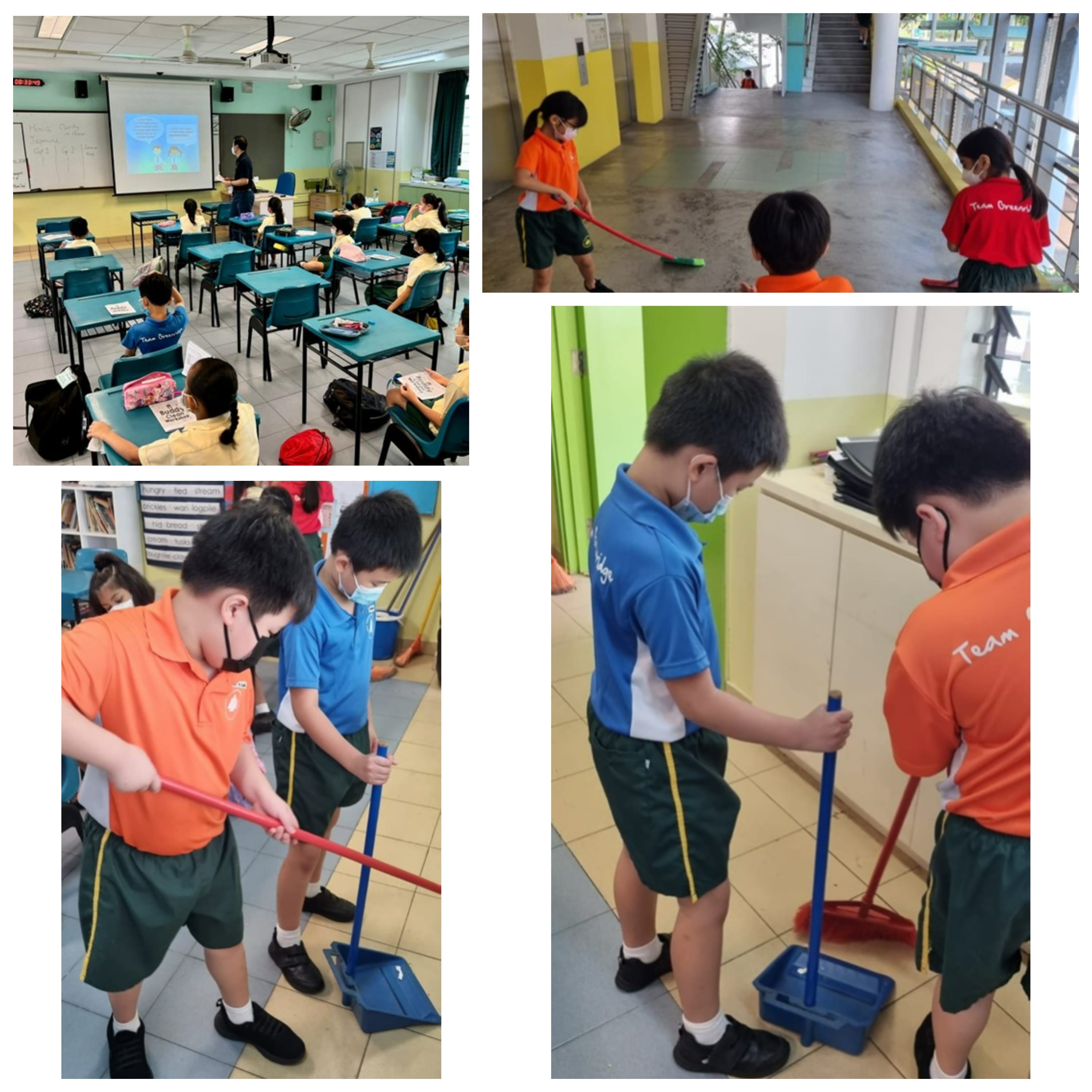 School children in uniforms sweep floors with brooms and dustpans, and attend a classroom lesson projected on a screen.