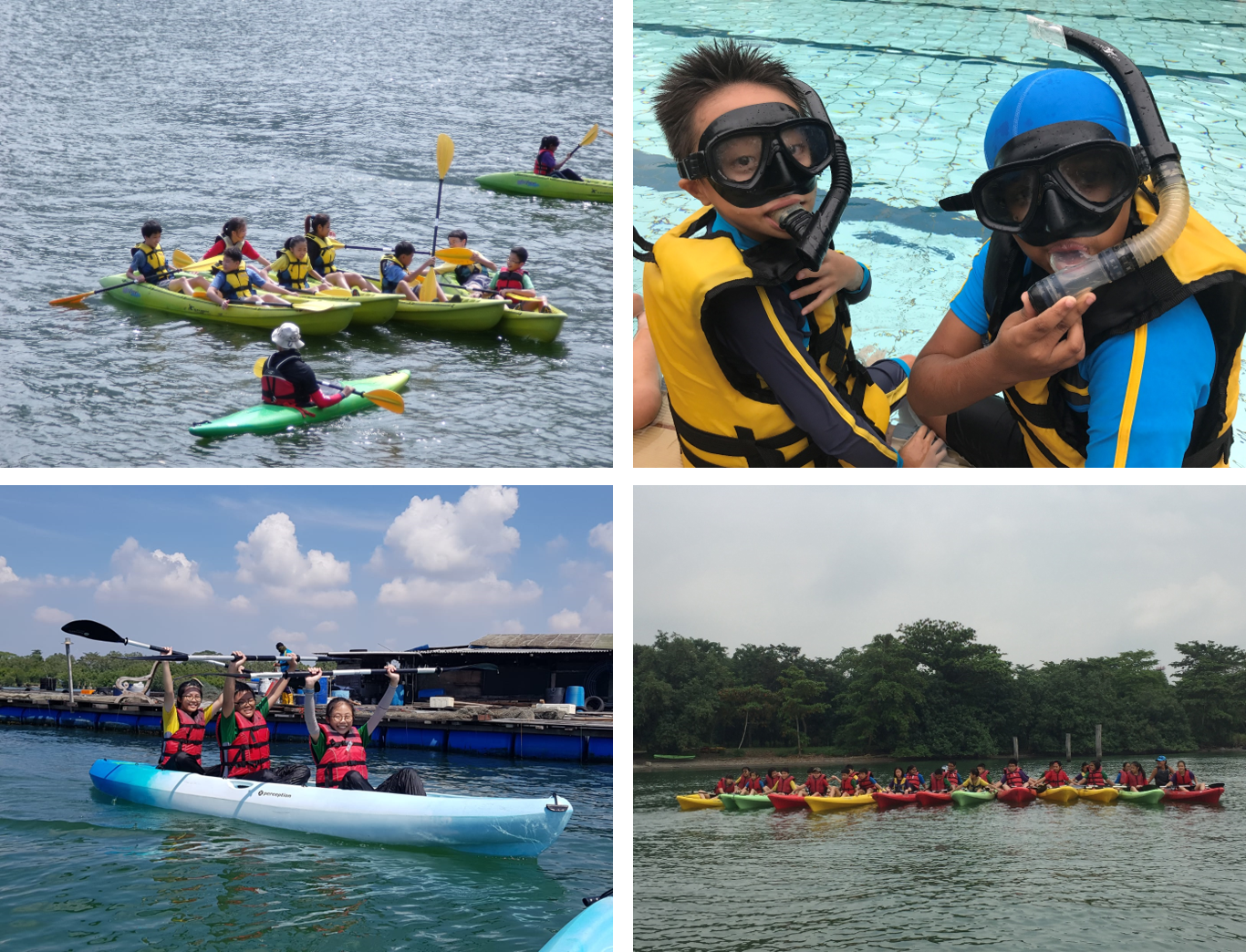 Four photos of children kayaking on open water and two kids wearing snorkel masks and life vests by a pool.
