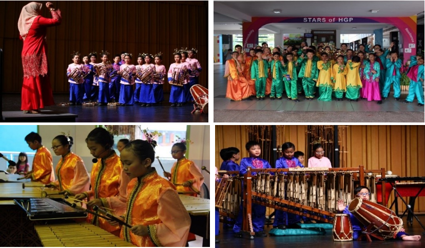 Children in colorful traditional costumes perform and pose at Stars of HGP, playing xylophones and drums on stage.