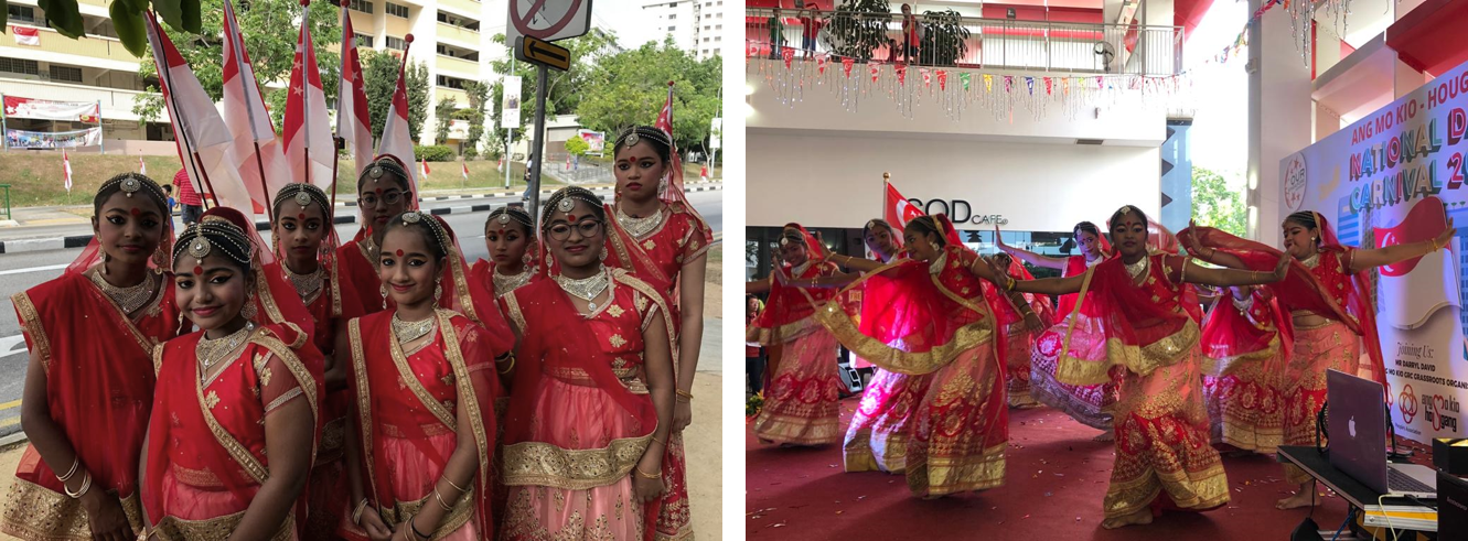 Girls in red and gold Indian dance costumes pose outdoors with Singapore flags, then perform on a stage at a National Day Carnival.