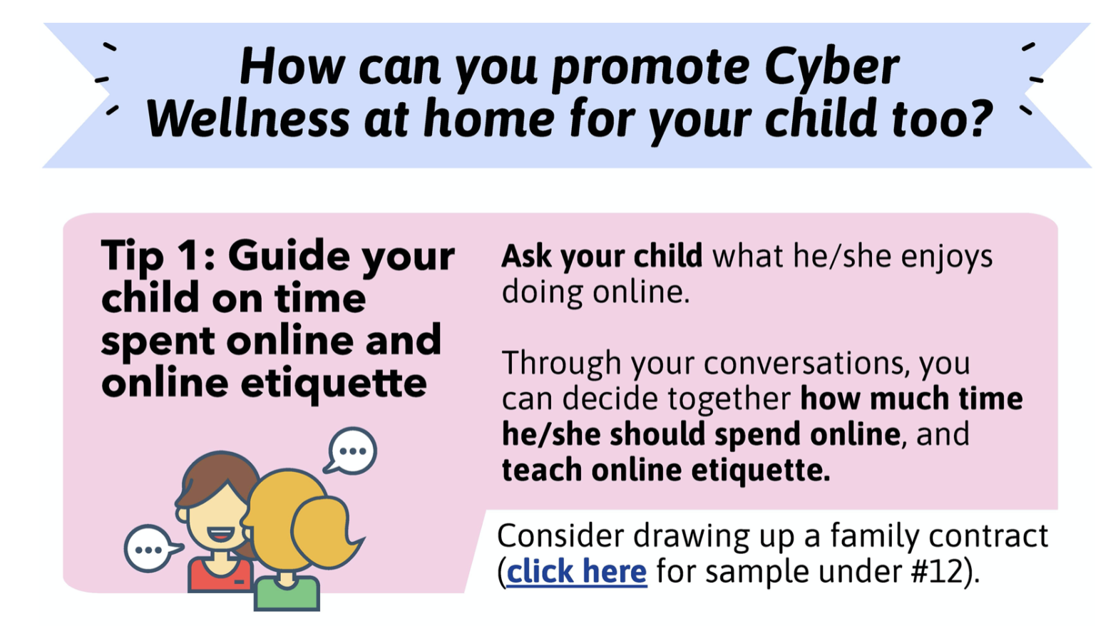 Flyer titled "How can you promote Cyber Wellness at home?" with tips on guiding children's online time and etiquette.