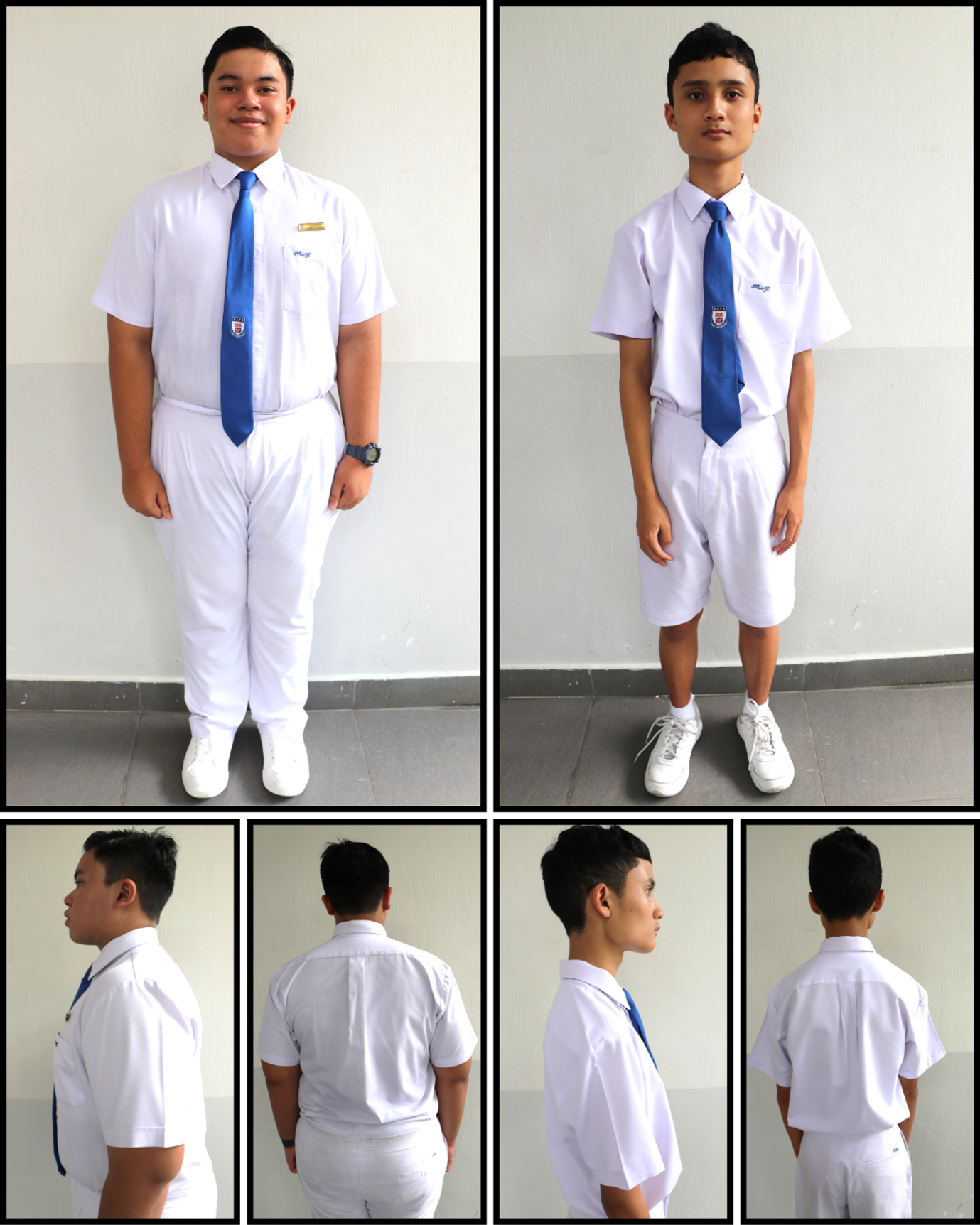 Photo grid of two students in white school uniforms with blue ties, shown from front, side, and back views