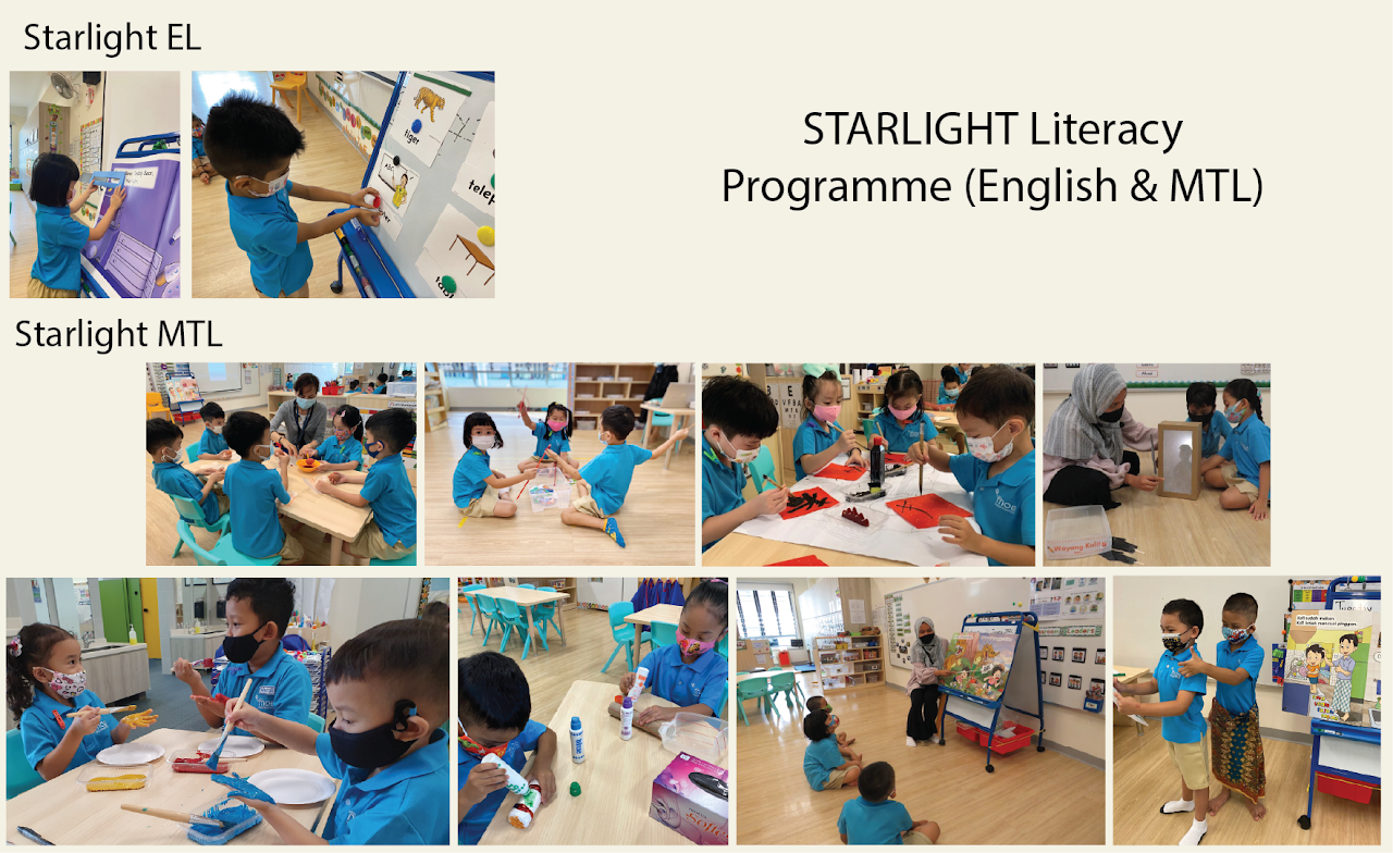 Collage of classroom photos titled STARLIGHT Literacy Programme, showing children doing reading, crafts, and group work.