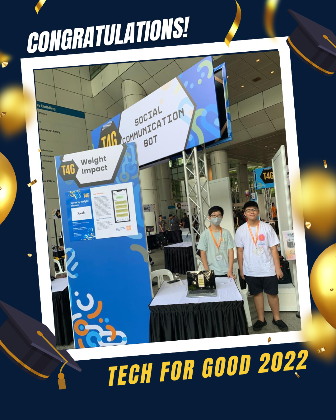 Two young students stand at a Tech For Good 2022 exhibition booth displaying a Social Communication Bot project.