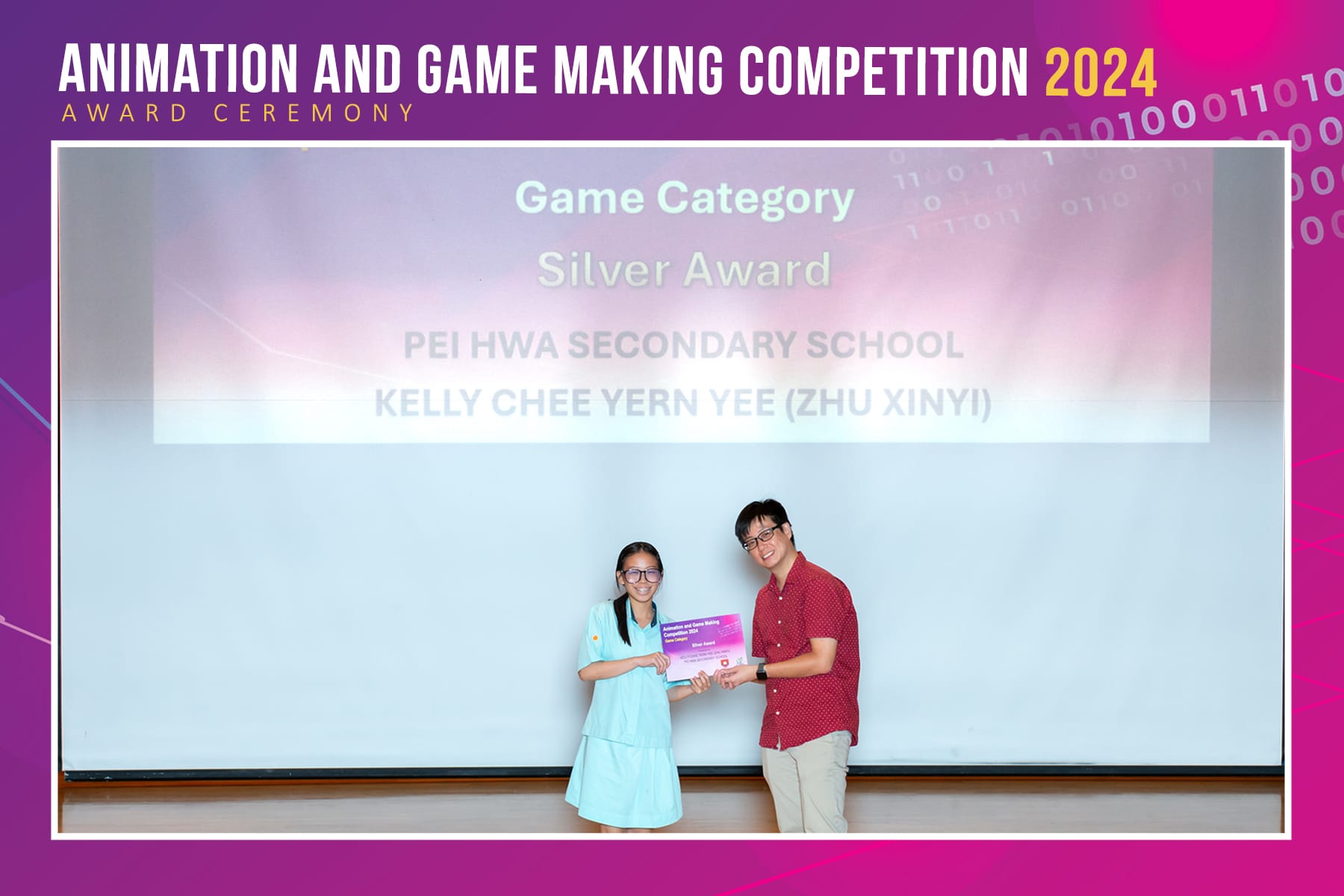 A girl in school uniform taking her award on the stage