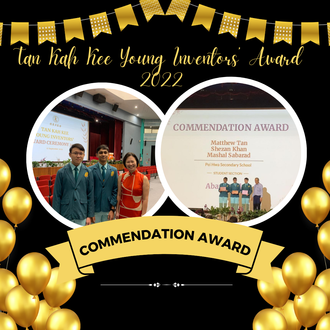 Two students and a teacher pose at the 2022 Tan Kah Kee Young Inventors Award Commendation ceremony.
