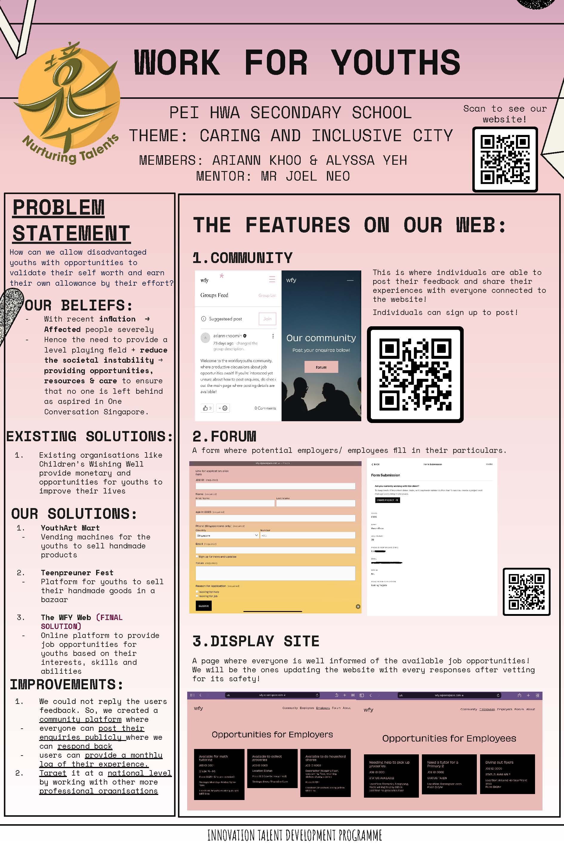Pink poster titled Work For Youths from Pei Hwa Secondary School describing a youth job platform with community, forum, and display site  features