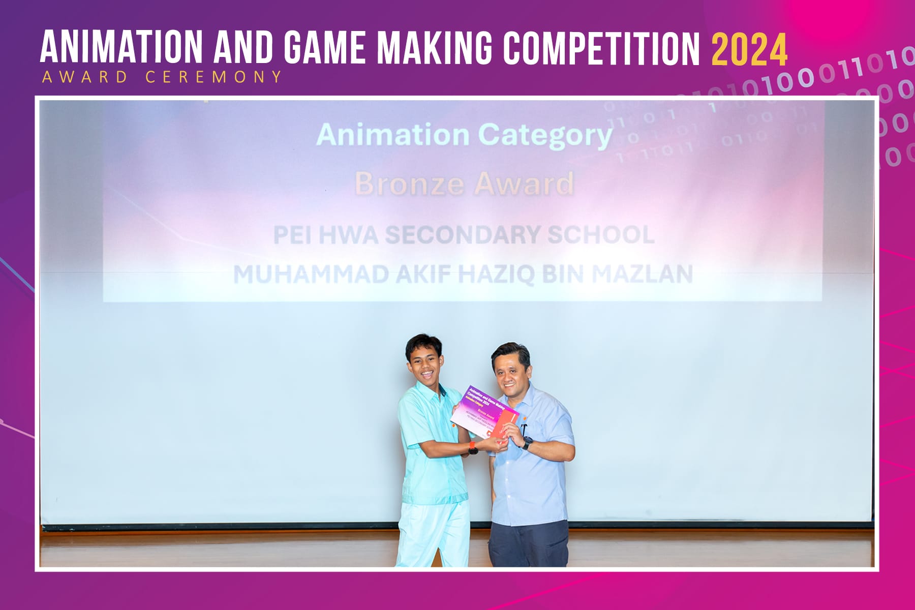 A boy in school uniform taking her award on the stage