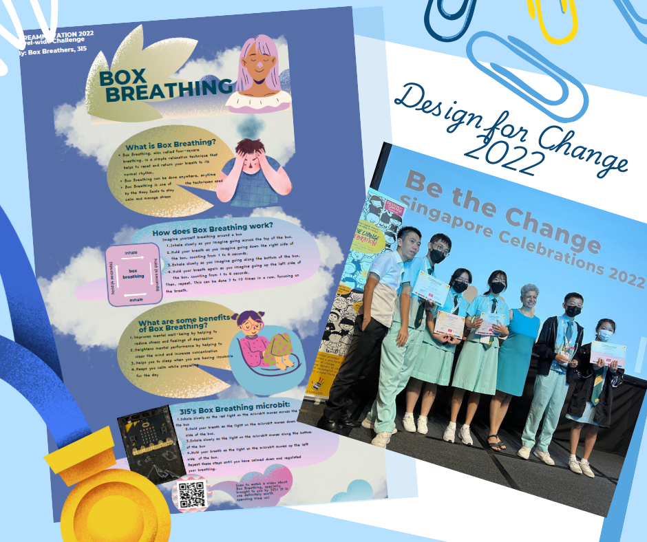 Students hold certificates at Design for Change 2022 Singapore event, beside a Box Breathing educational poster.