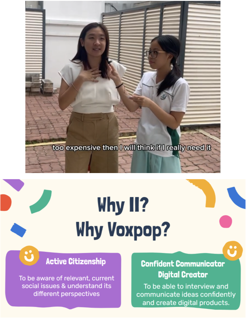 Two young women talking outdoors in a video still, above a colorful infographic titled "Why II? Why Voxpop?"