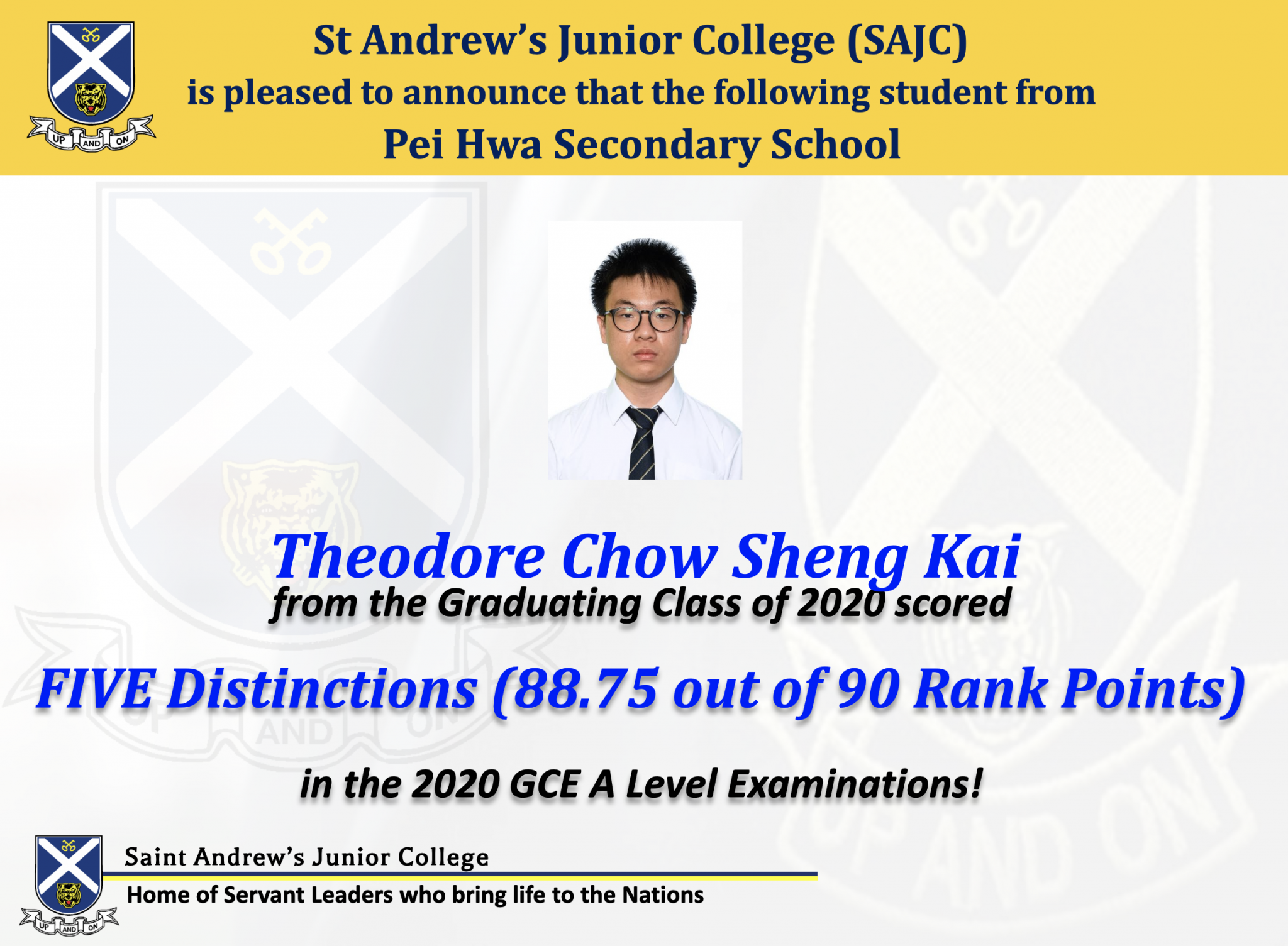 SAJC announcement for Theodore Chow Sheng Kai scoring five distinctions, 88.75 out of 90 rank points in 2020 A Levels.