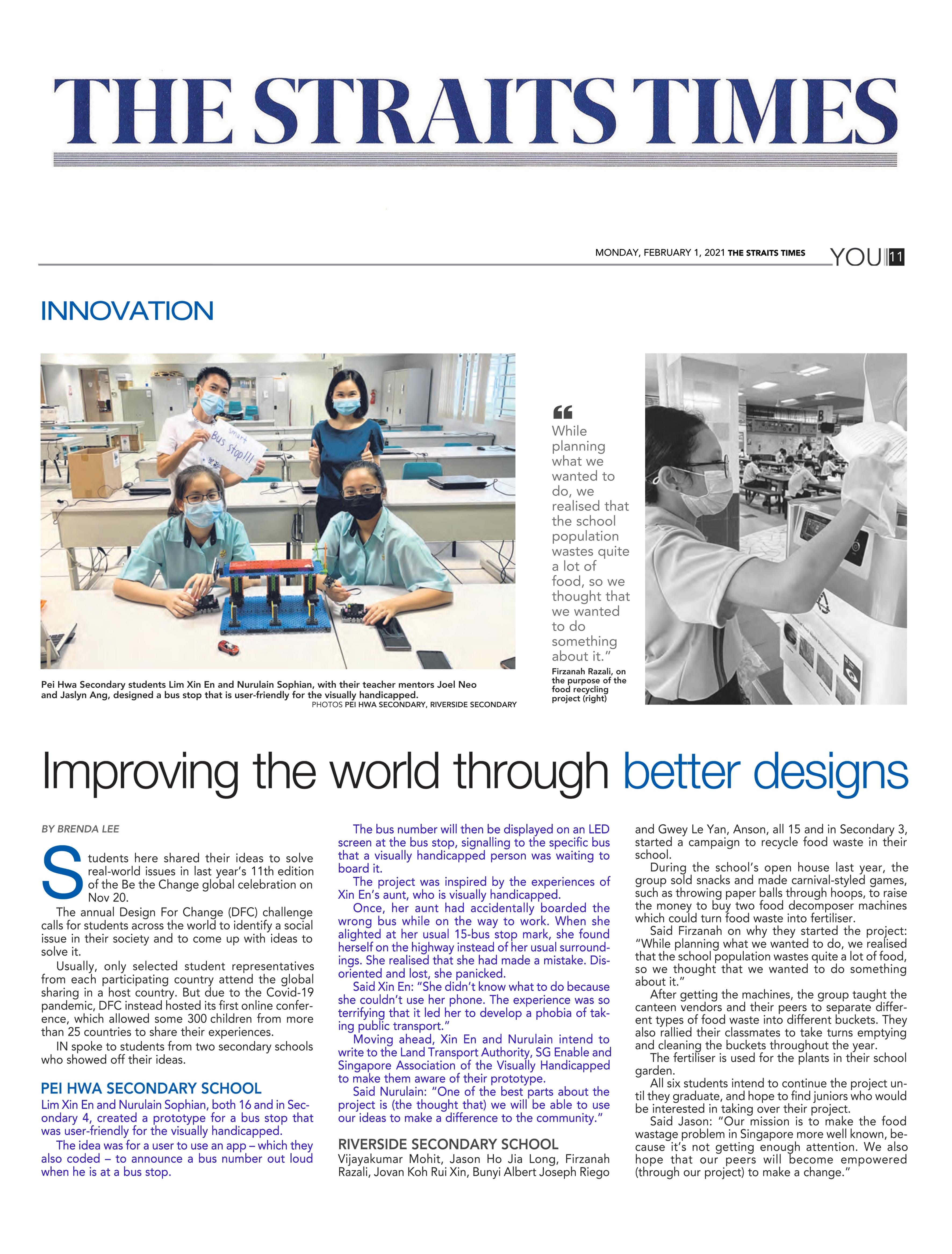 The Straits Times newspaper page titled "Improving the world through better designs" featuring masked students with a bus stop prototype