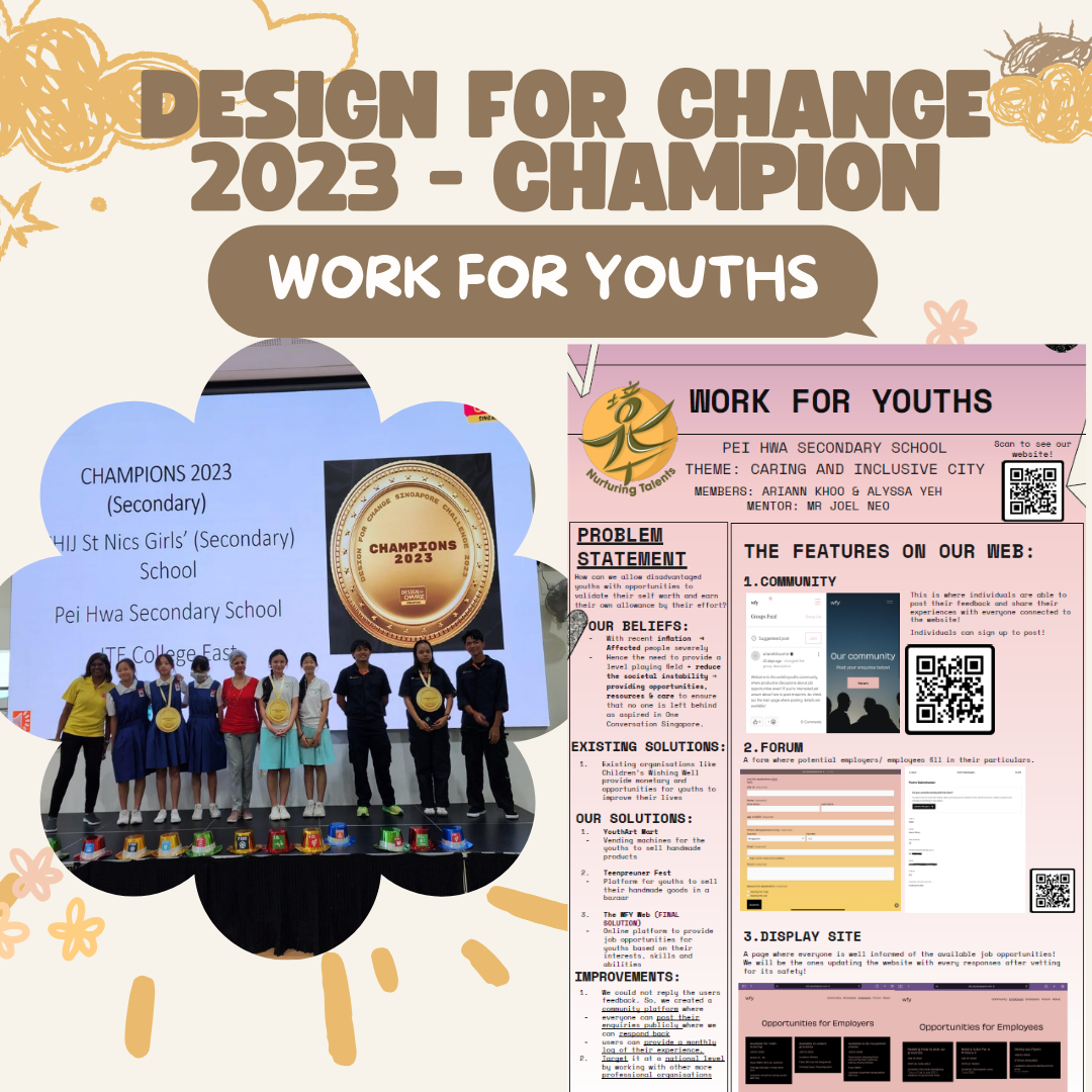 Poster celebrating Design for Change 2023 Champion award for Pei Hwa Secondary School's Work for Youths project