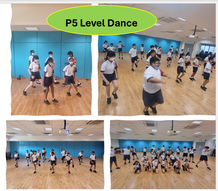 Collage titled P5 Level Dance showing masked students in uniforms dancing in a blue-walled studio.