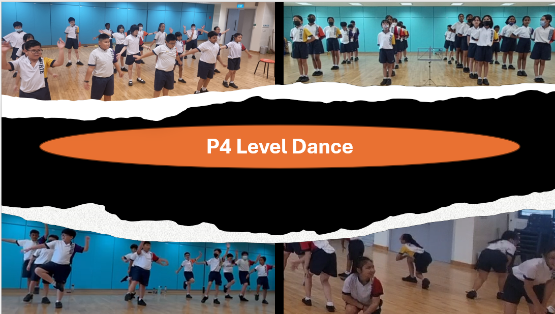 Collage of students in white uniforms rehearsing dance moves in a studio, with center text P4 Level Dance