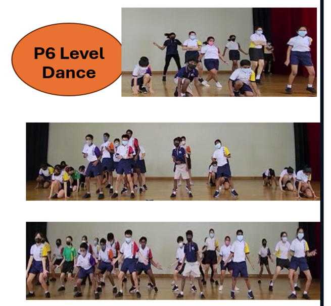 Collage of masked students in uniform performing dance moves on a stage; orange oval reads P6 Level Dance.