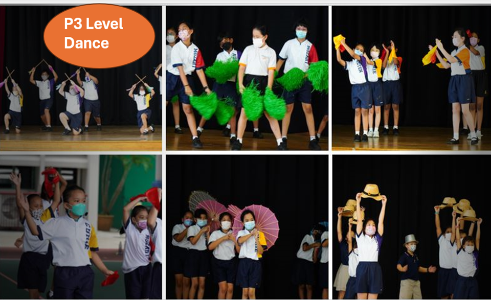 Collage of masked students performing a dance on stage with pom-poms, cloths, umbrellas, and hats; P3 Level Dance text.