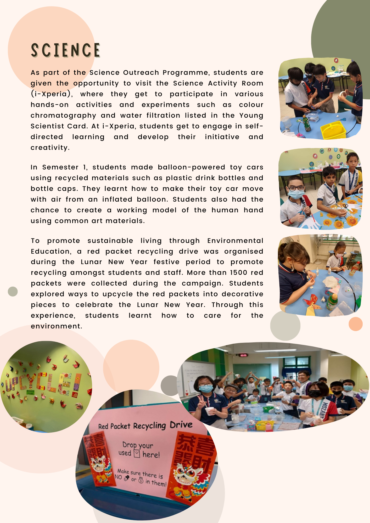 School science newsletter showing students doing hands-on experiments and a Red Packet Recycling Drive display.